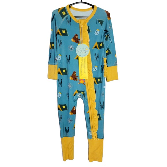 Kai Blue & Co. Other - Kai Blue Co Bamboo Camping Bears Zip Ruffle Romper Pajamas 6-12 Months NWT
